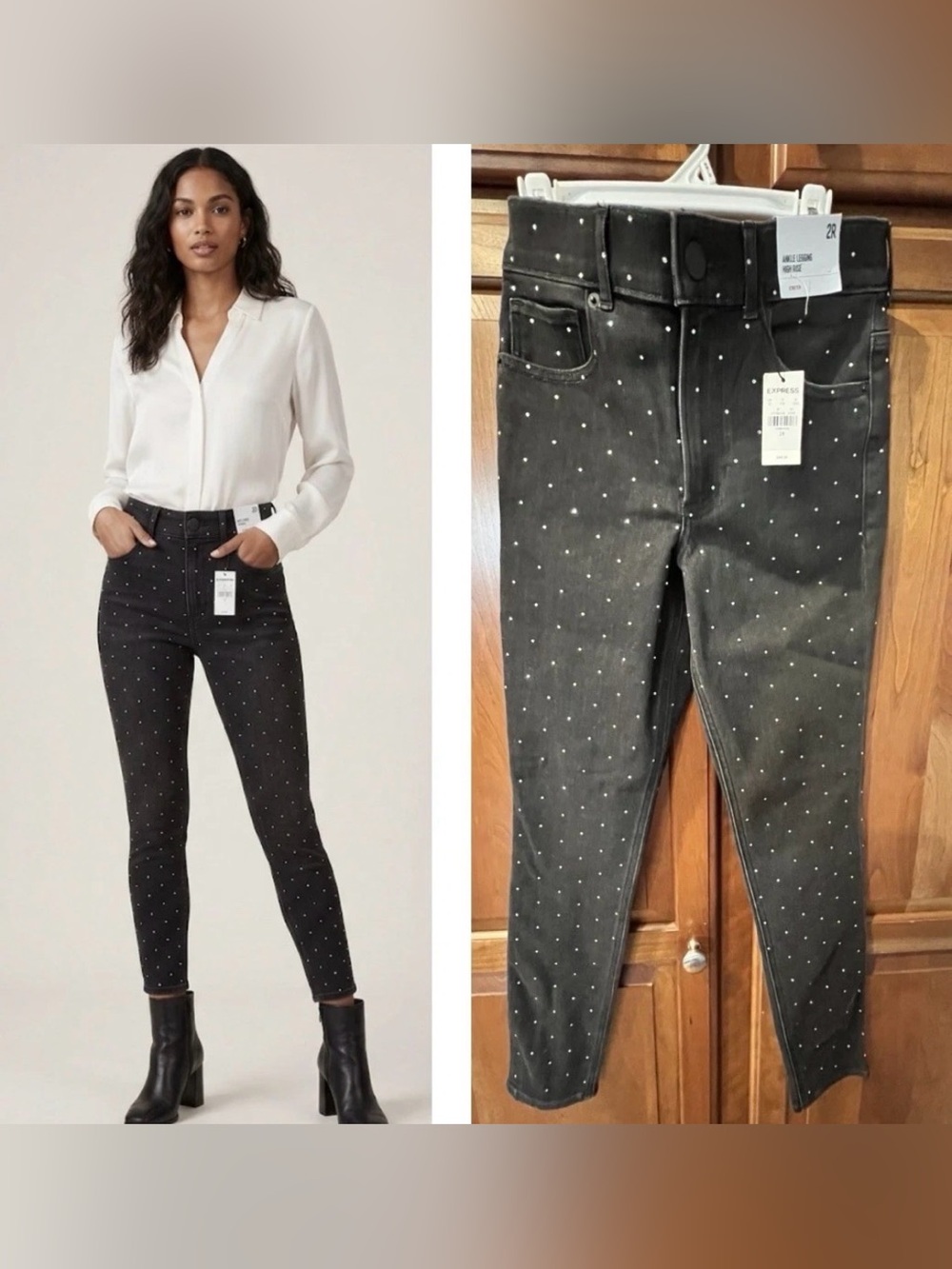 Express Black High-Rise Skinny Jeans with White Dot Studs